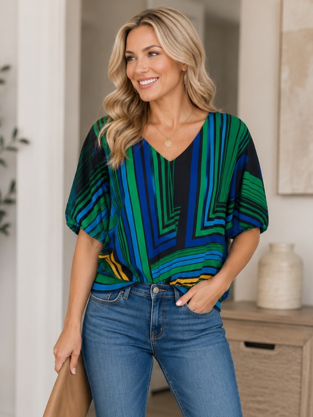 Express XS Geometric Stripe Bubble Hem Blouse Blue Green Oversized V-Neck EUC
